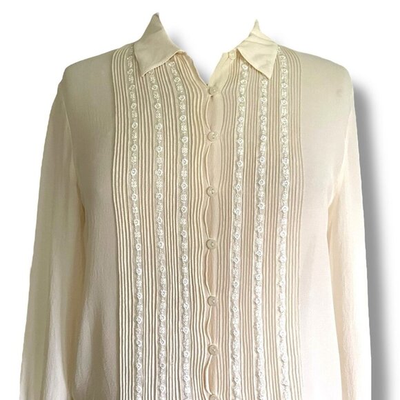Vintage 90s Jones NY Wmmens Blouse Sz 6 Cream Silk Embroidered Minimalist Top - Picture 3 of 7